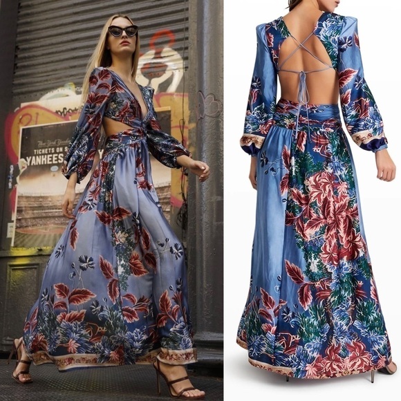 PatBO Dress Gilly Print Cut-Out Maxi Floral Open Back Slit Vacation Blue 8 NWT - Picture 1 of 13